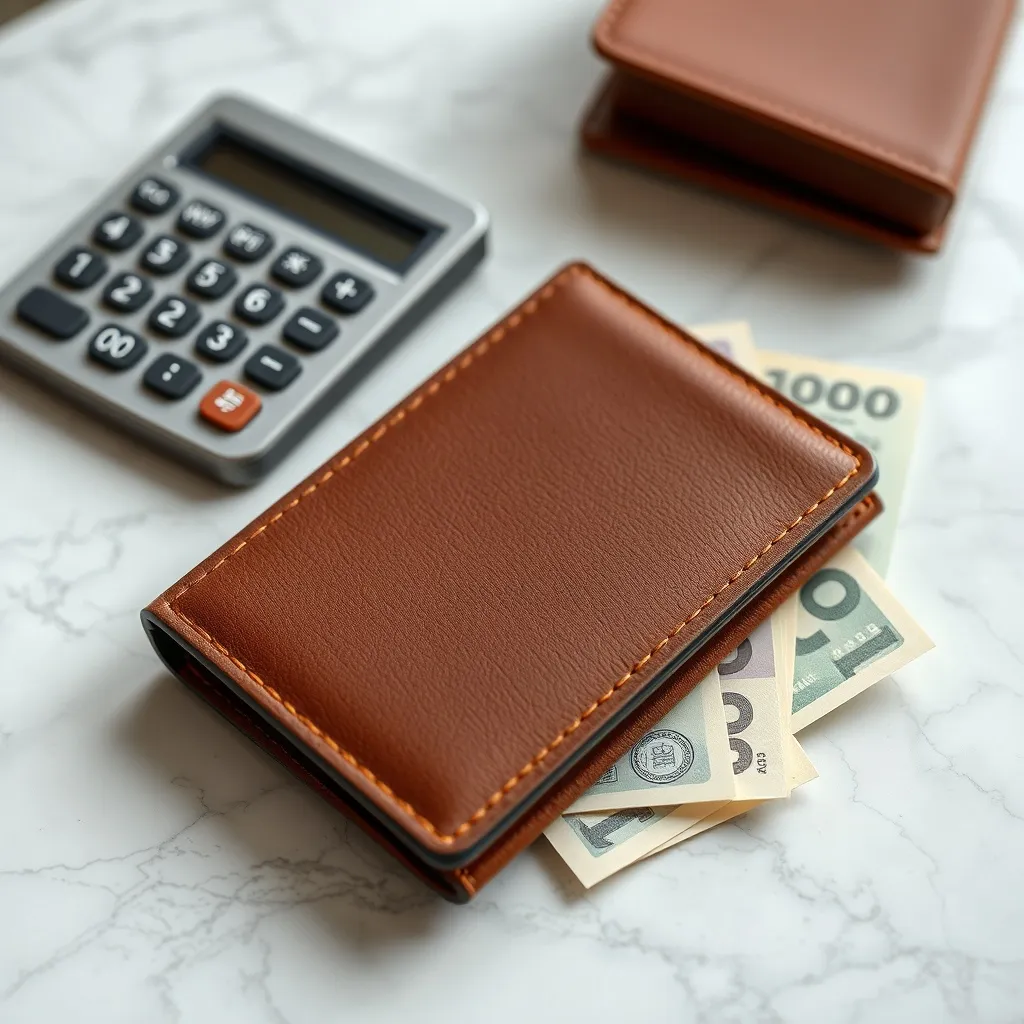 A close-up of a professional leather wallet, a calculator, a