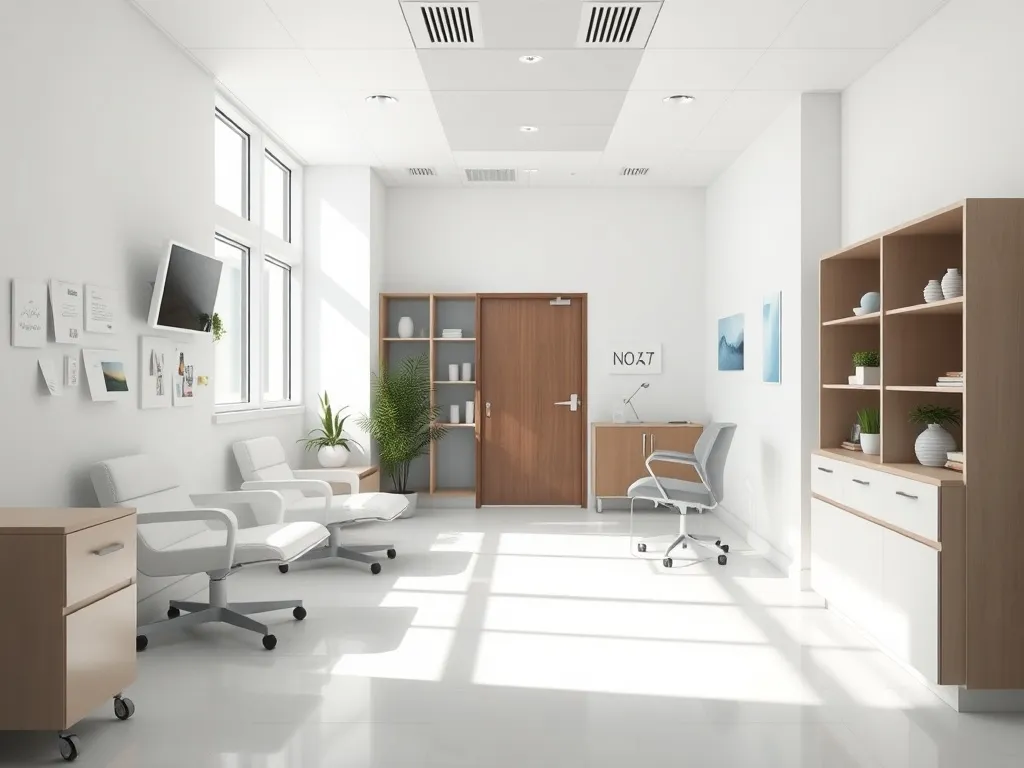 A clean, minimalist medical office interior with soft natura