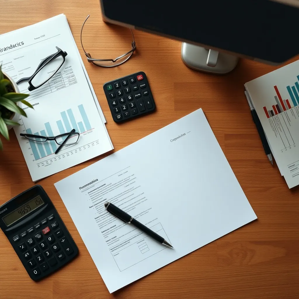 A high-quality top-down photo of a clean wooden desk with or