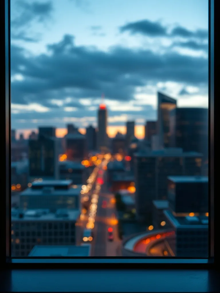 A professional office window view of Calgary skyline at dusk
